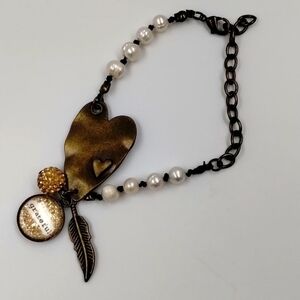 Grateful heart charm bracelet women's with faux mixed metals and pearls